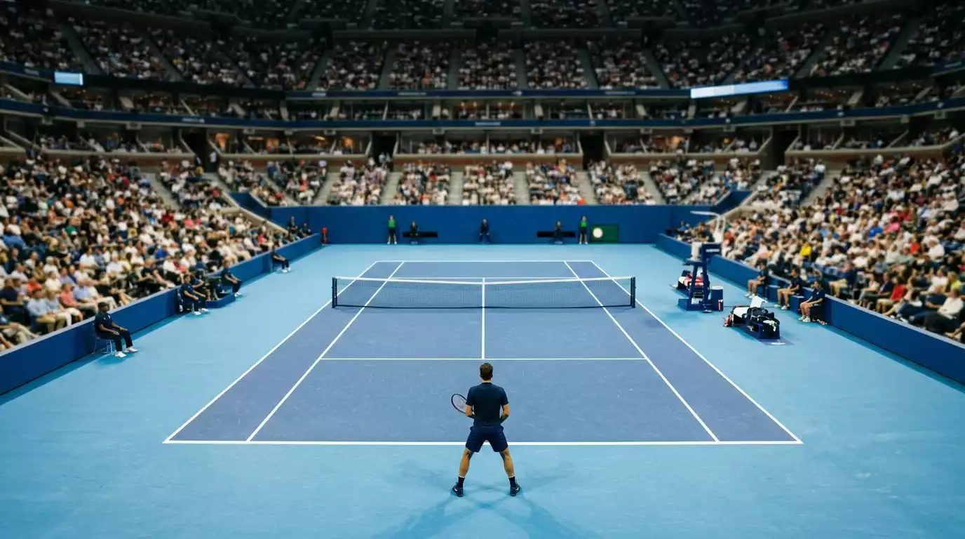 Halový tenisový kurt s modrým povrchem a plně obsazenými tribunami během indoorového turnaje