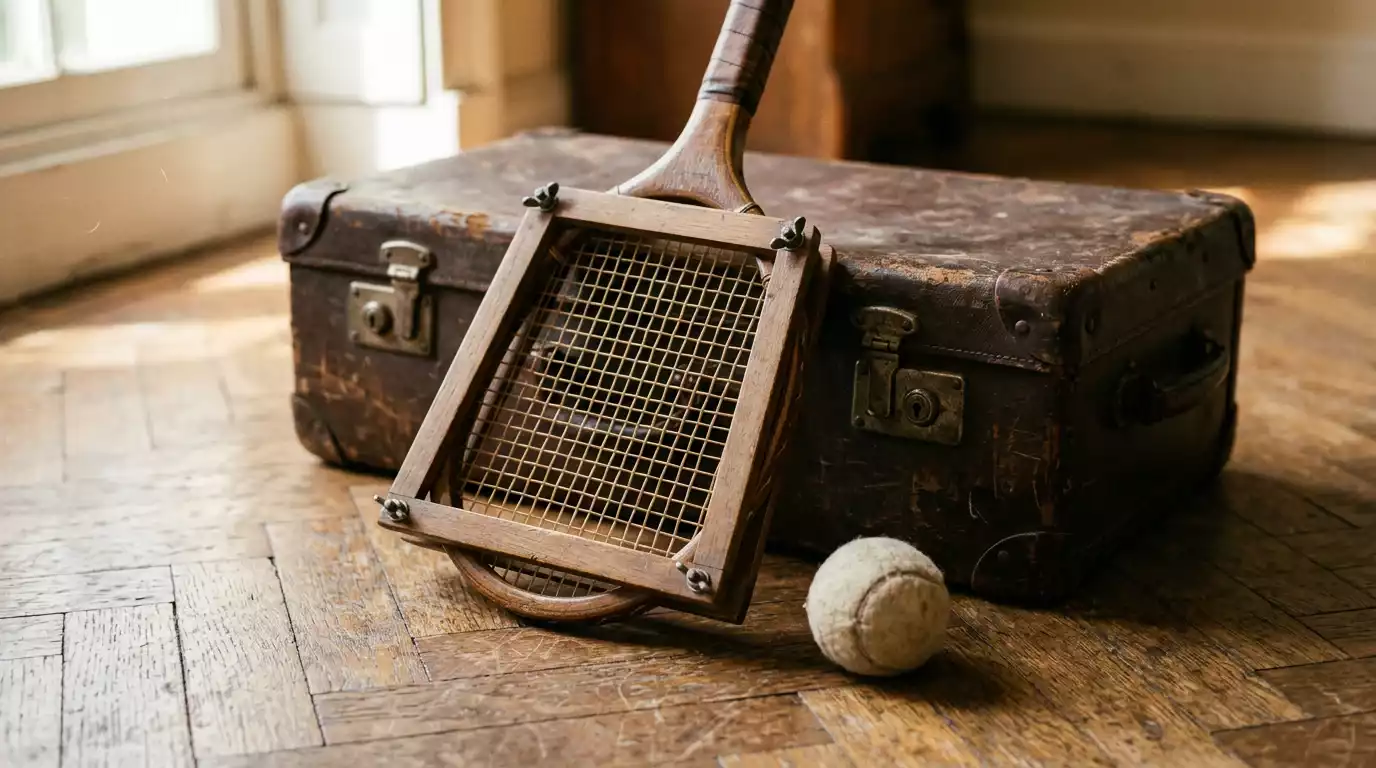 Stará dřevěná tenisová raketa z minulého století opřená o retro kufr na dřevěné podlaze