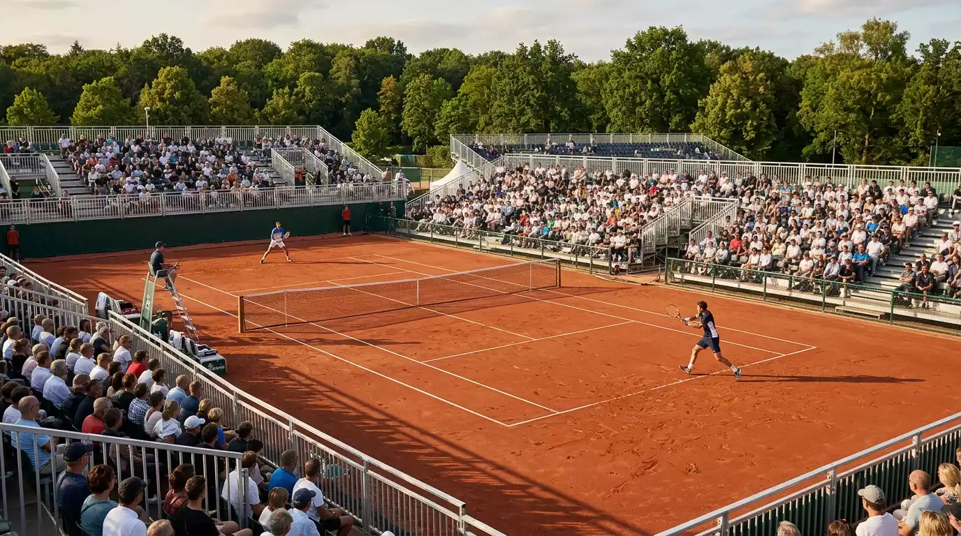 Tenisový kurt s antukovým povrchem a menšími tribunami pro diváky během venkovního turnaje