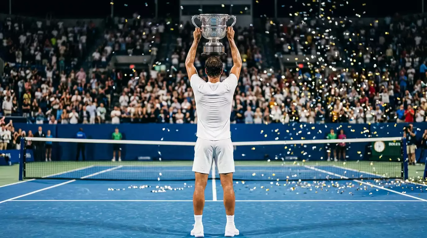 Tenista pózuje s velkou trofejí nad hlavou po vítězství na tvrdém tenisovém kurtu