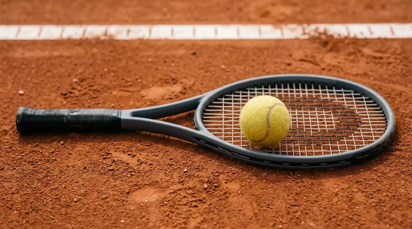 Tenisová raketa položená na červené antuce vedle žlutého tenisového míče a bílé čáry kurtu