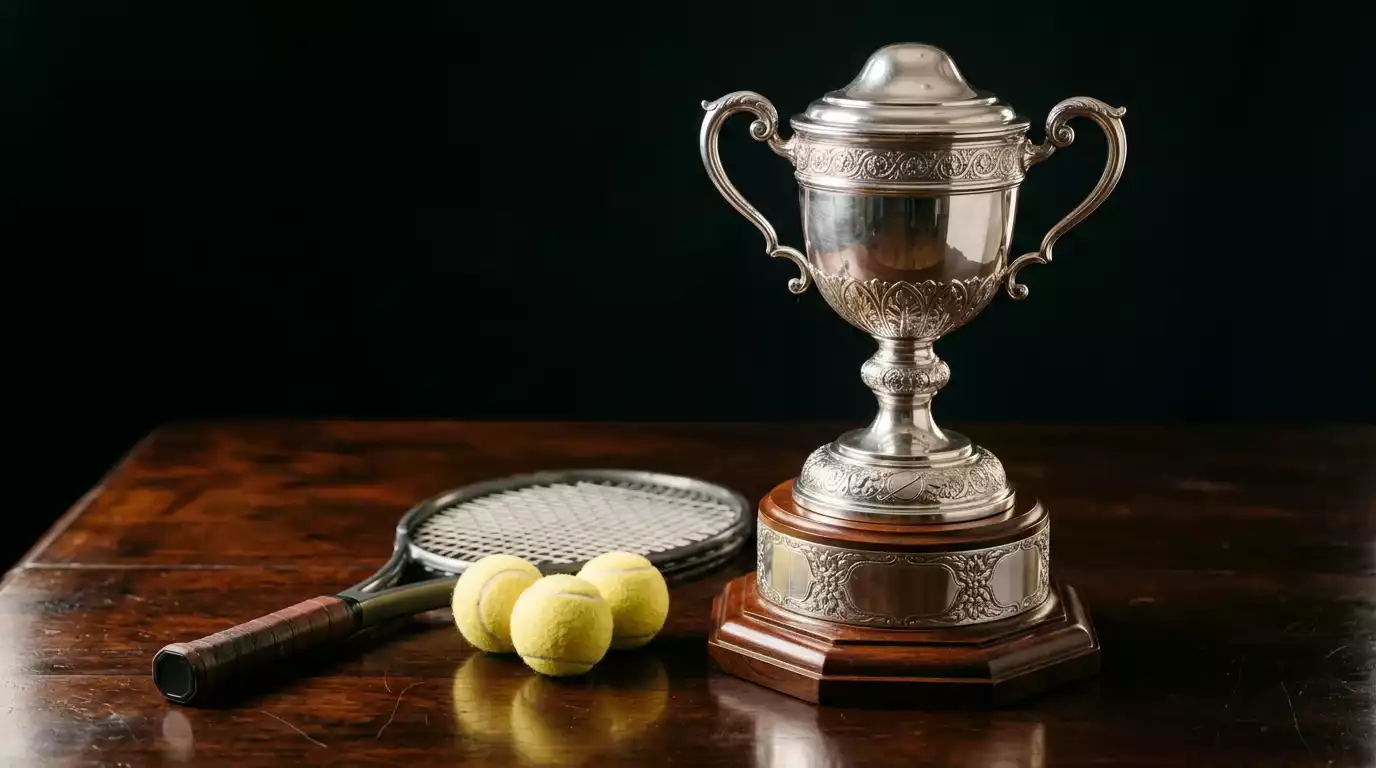 Šampionská tenisová trofej na stolku vedle rakety a míčků