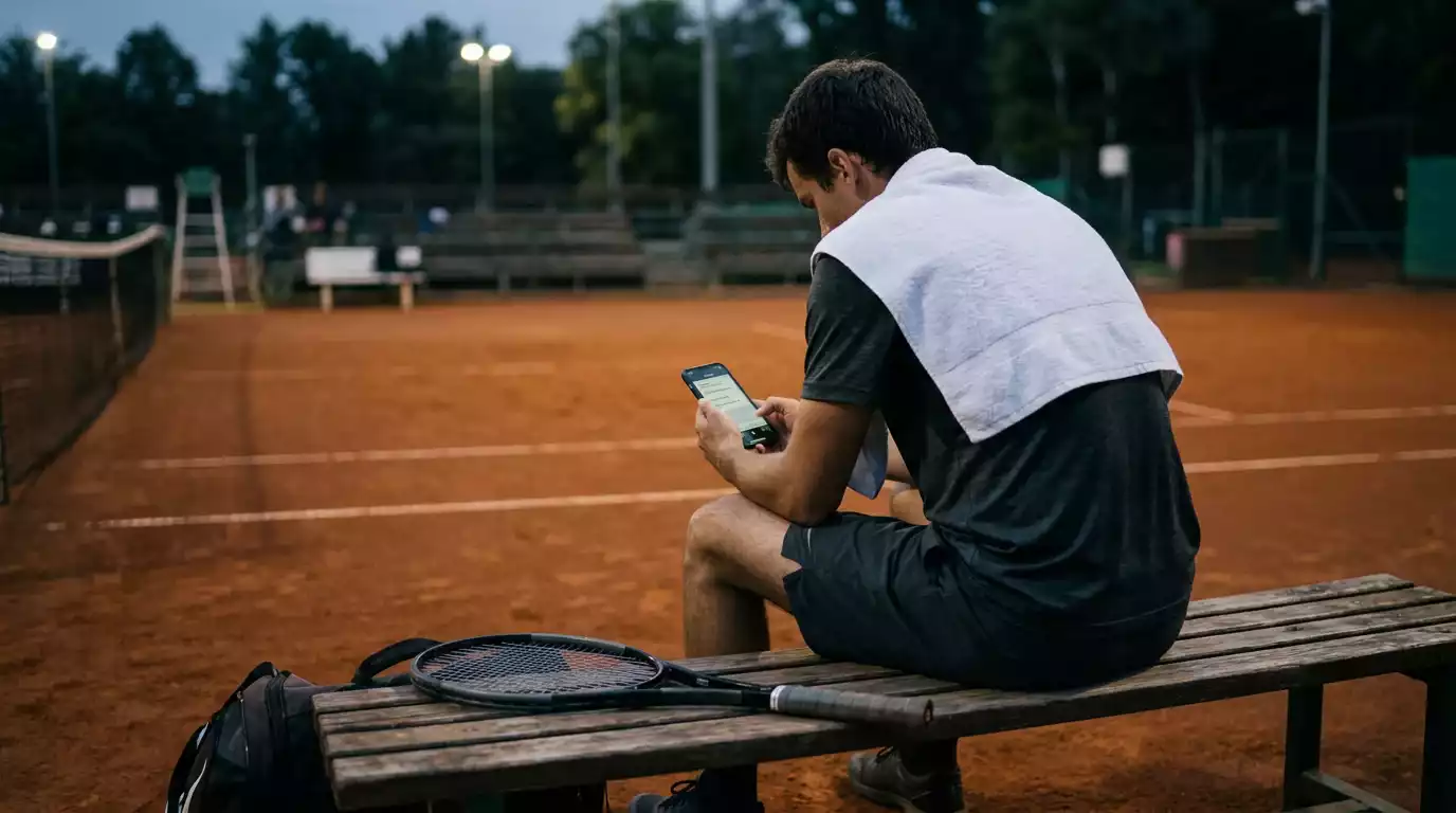 Tenista v tmavém tričku sedí na lavičce s mobilním telefonem v ruce po skončení zápasu
